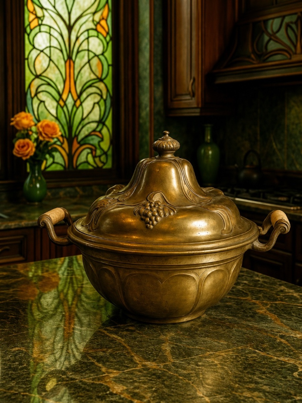 ANTIQUE Art Nouveau Water Lillies Brass Soup‎ Tureen Pot Chafing Pan Lid
